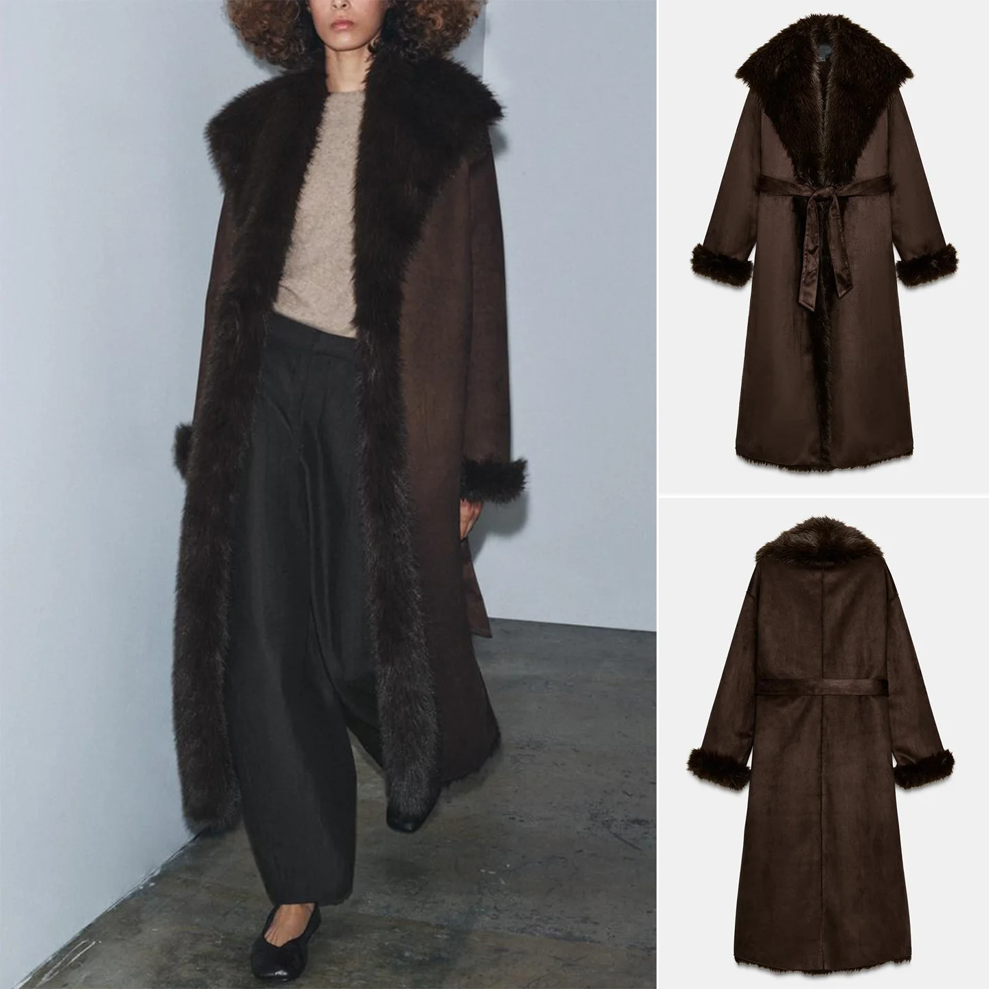 

Новое зимнее женское длинное пальто с воротником из искусственного меха све, верхняя одежда с поясом, Ele Sli, средней длины, полиэфирное волокно