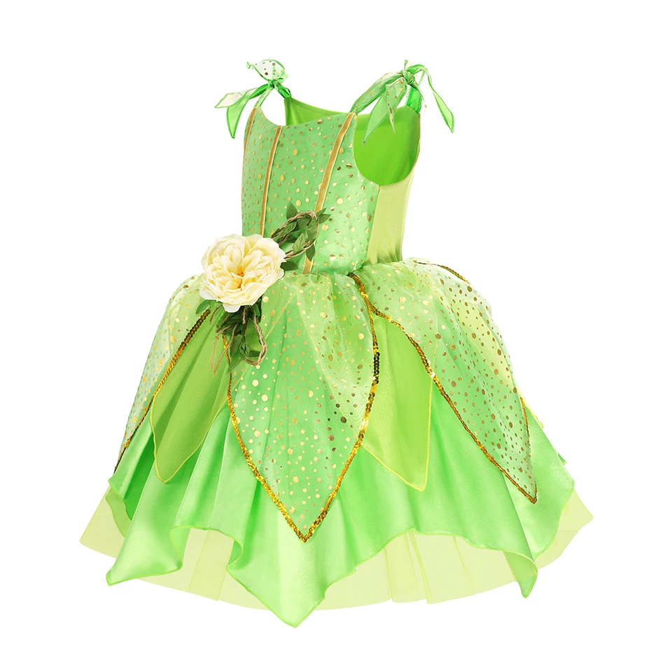 Disney Children Party Carnival Tulle Clothes 2-10Yrs Cosplay Disguise Girl Tinker Bell Princess Dress Floral Green Gown Fantasia