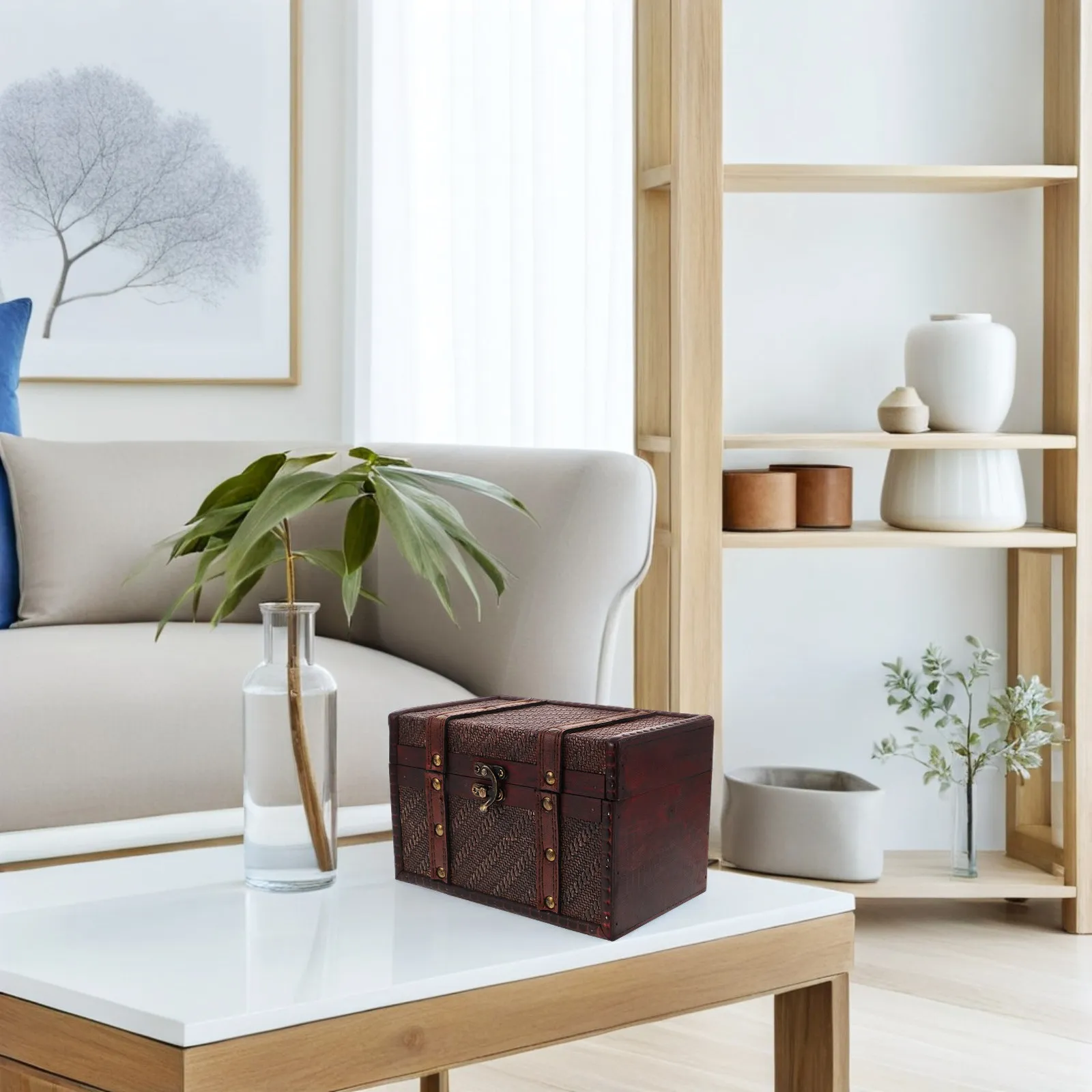 

Rustic Wood Treasure Chest Handcrafted Woven Pattern Jewelry Storage Box Desktop Organizer for Small Items Keepsake Case Vintage