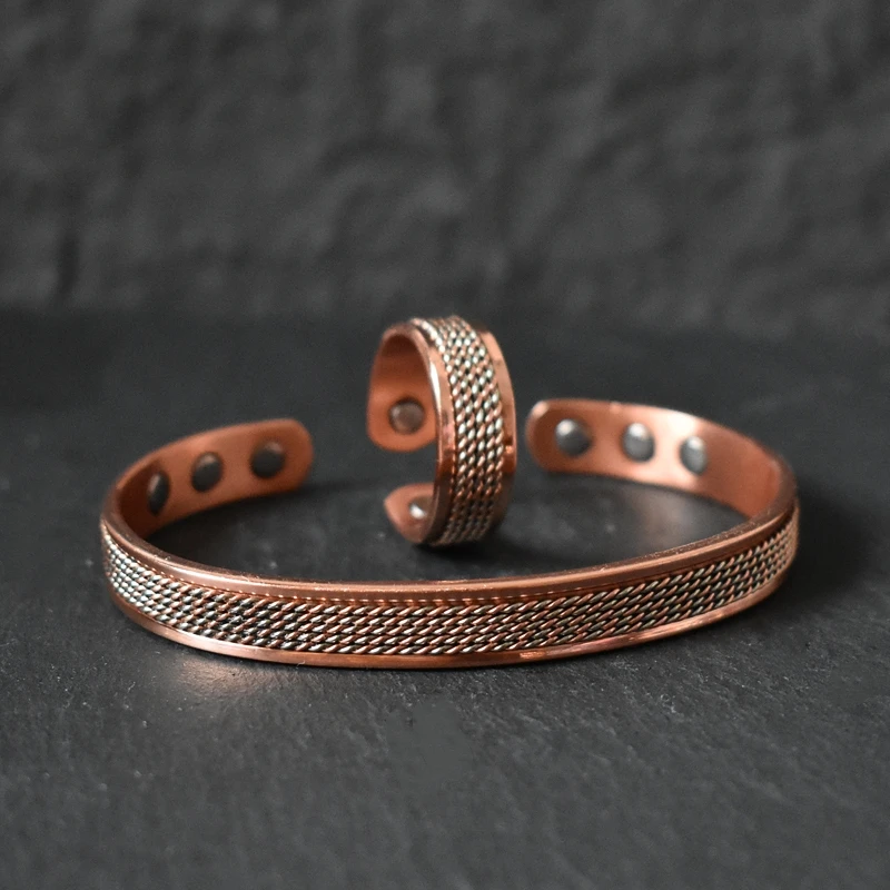 Pure Copper Magnetic Bracelet Ring Set Mesh Pattern Adjustable Cuff High Magnet Bangle&Ring Energy Jewelry Set Couple