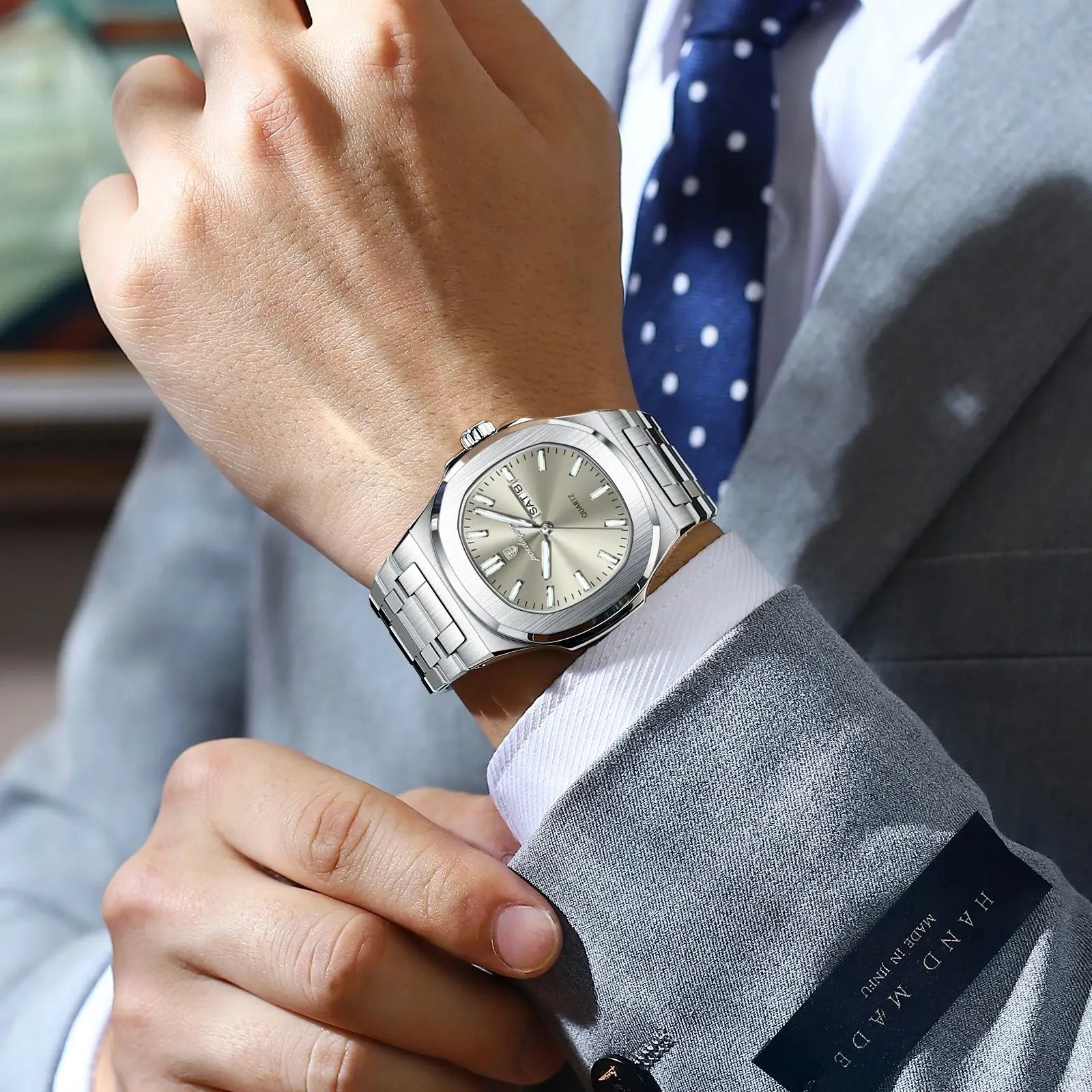 POEDAGAR العصرية ساعة اليد عادية للرجال تاريخ الأسبوع الفولاذ المقاوم للصدأ رجل ساعة مضيئة مقاوم للماء الفاخرة الكوارتز الرجال الساعات + صندوق