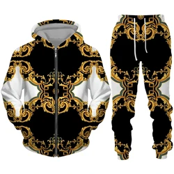 3D Luxury Golden Printed Zip Hoodie + Pants Suit Cool Men/Women 2 Pcs Sportwear Tracksuit Set Autumn and Winter Men's Clothing