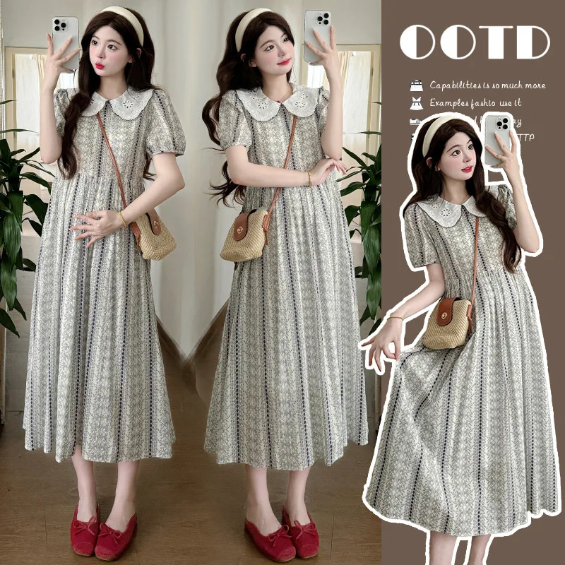 

Pregnant Women's Summer Dress 2025 New Style French Sweet Lace Doll Collar Loose Temperament Long Skirt