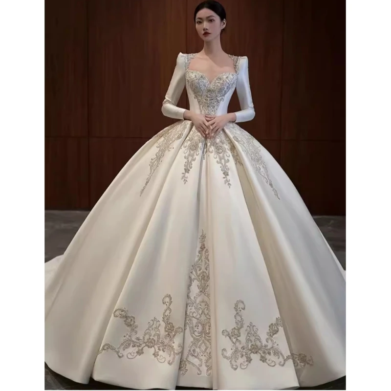 2024 Summer Theme Sweet Heart Sexy Heavy Hand Works Royal Women Bridal Wedding Dress French Long Sleeves Plus Size Gown GB052