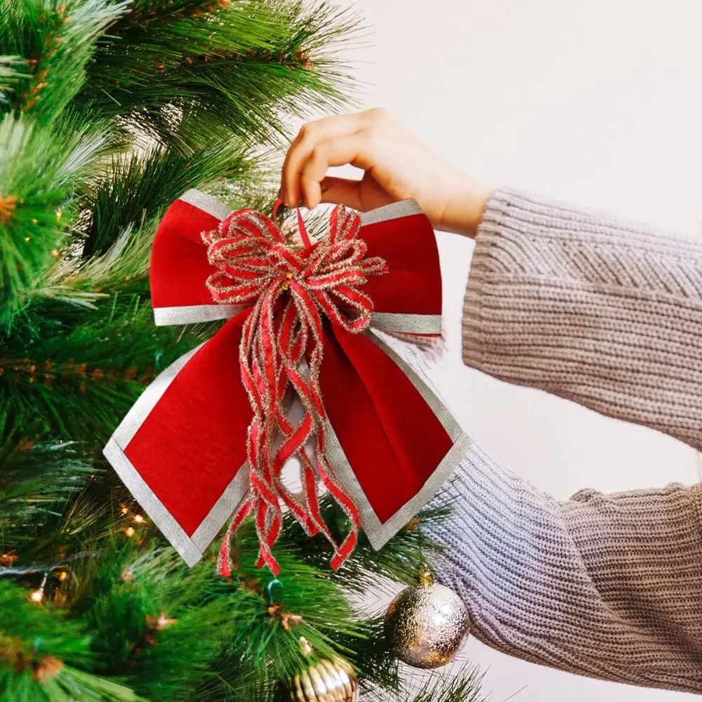 Pingente de arco de natal brilhante com fita diy árvore de natal laço reunido enfeites de suspensão de natal janela