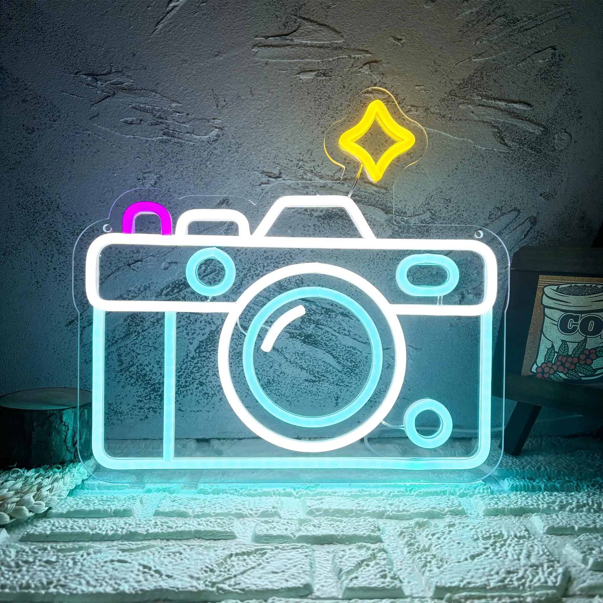 カメラネオンサイン-調光可能なledライト-壁装飾-レトロ写真スタジオアート背景、寝室、ゲームルーム、写真家へのギフトに