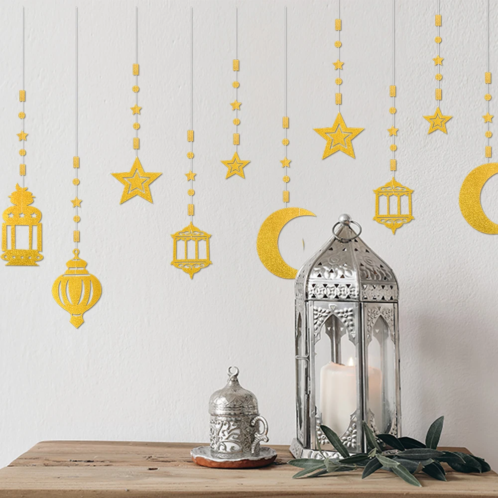 Glitter Paper Ramadan Gold Star Moon Lantern Garland Hanging Streamer Eid Mubarak Banner Ramadan Kareem Eid-al-fitr Islamic Deco