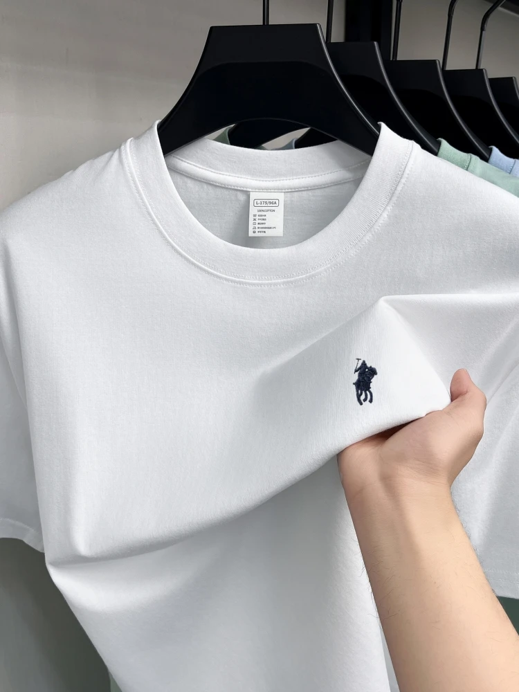 Męski T-shirt z krótkim rękawem, okrągłym dekoltem, wykonany w 100% z czystej bawełny, luksusowa marka, hit sprzedaży, letni, z wykwintnym haftem konika, oddychający top.