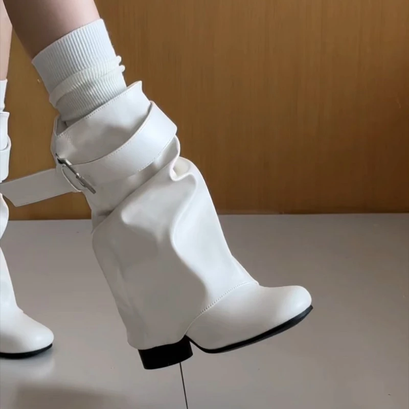 New Women Slouchy Mid Calf Leather Boots Metal Buckle Strap Block Heel Soft PU Leather Boots Autumn Streetwear Mordern Booties