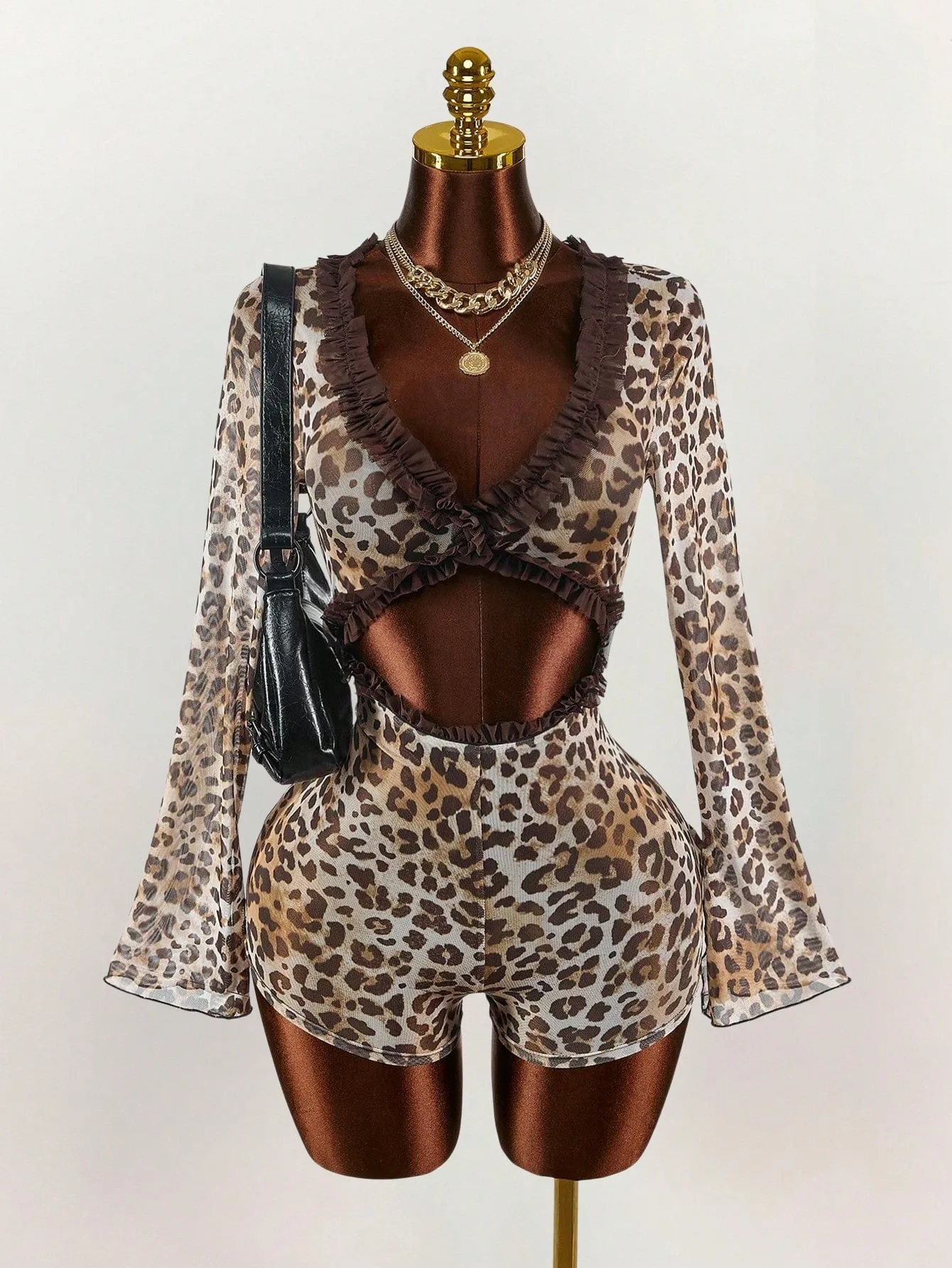

STYLISH LADY Leopard Print Mesh Romper Sheer 2026 Women Long Sleeve V Neck Ruffle Cut Out Bodycon Club Party Playsuit Clubwear