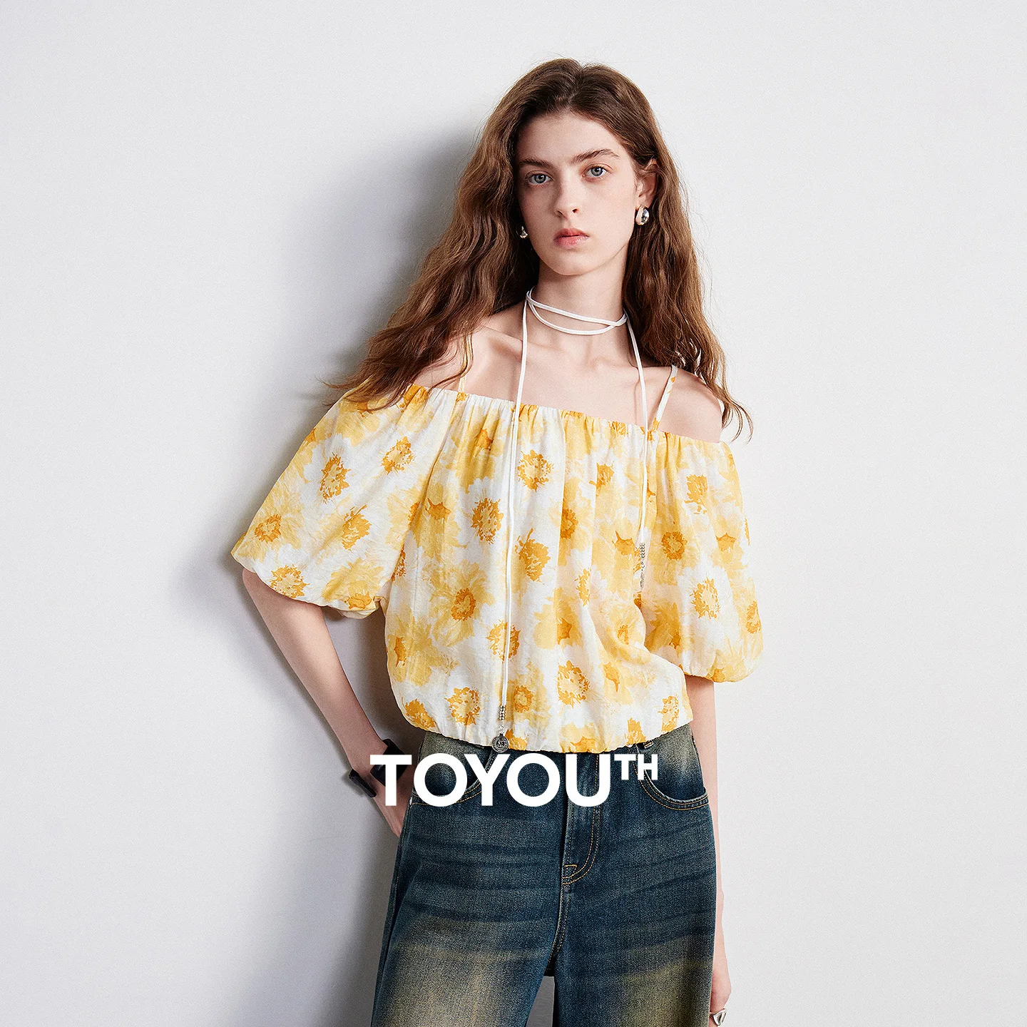 

TOYOUTH Women Houhou Collaboration Shirt 2026 Summer New Oil Painting Print Loose Short Off Shoulder Blouse