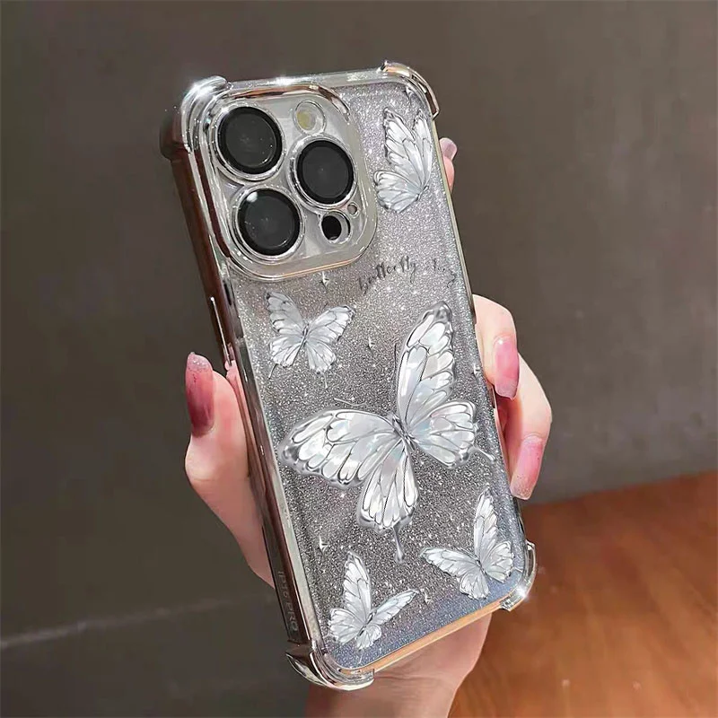 Butterfly Flash Powder Card Phone Case For IPhone 17 Pro Max 16 15 Pro Max Plus 12 13 Mini Plating TPU Airbag Korean Cover