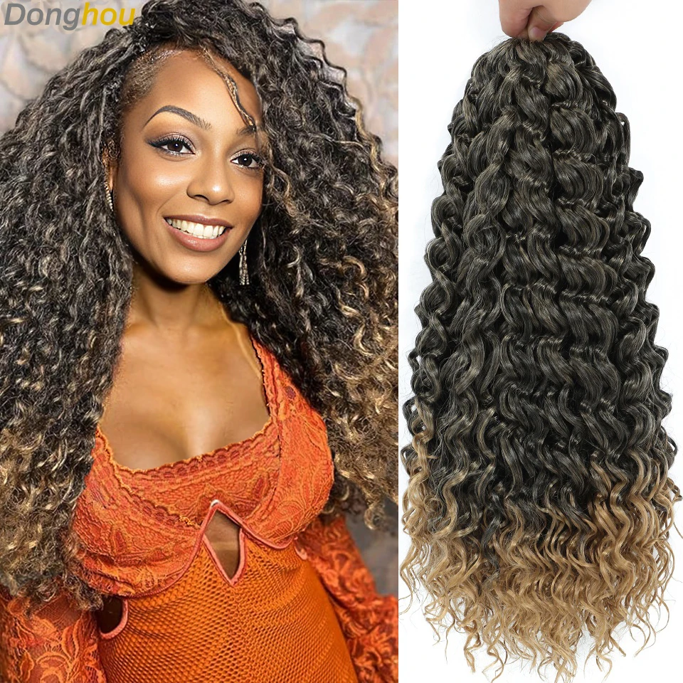 

18 "Go Curly Вязаные крючком волосы для чернокожих женщин Медовый блондин Синтетическая волна воды GoGo Curl Вязание крючком Косы Глубокая волна Плетение волос