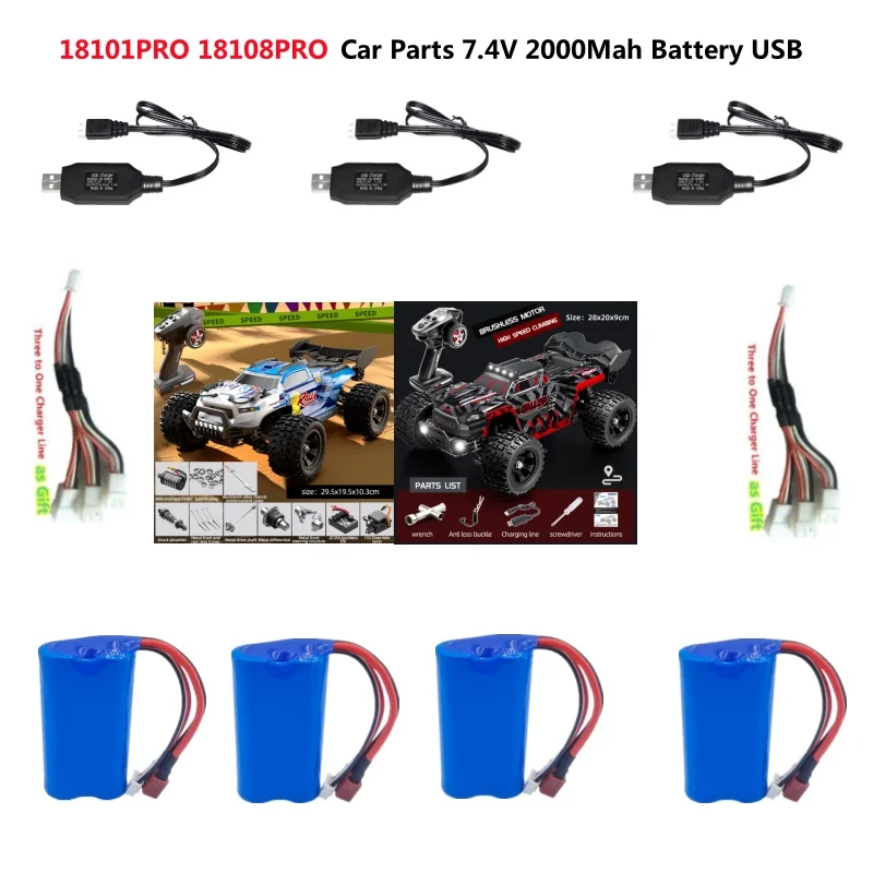 18101 PRO 18101PRO Remote Control RC Car Truck Spare Parts 7.4V 2000Mah Battery USB 18108PRO 18108 PRO RC Car Truck Accessories