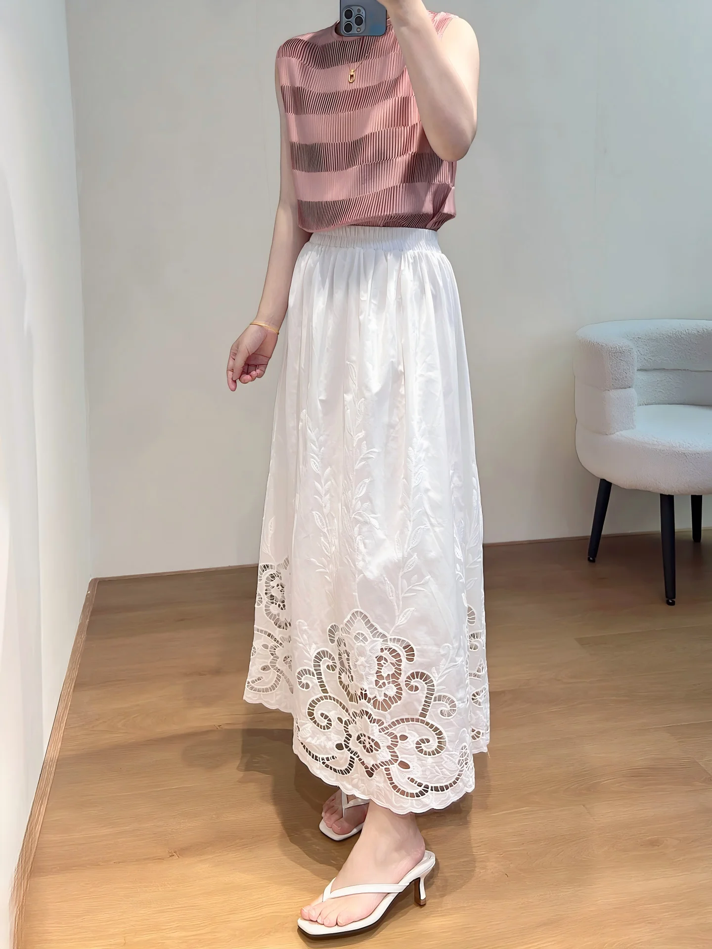 

High Waist Lace Embroidery Hollow out Women's Skirt Fletween White adow Holiday Sle A-Line Skirt for Ladies