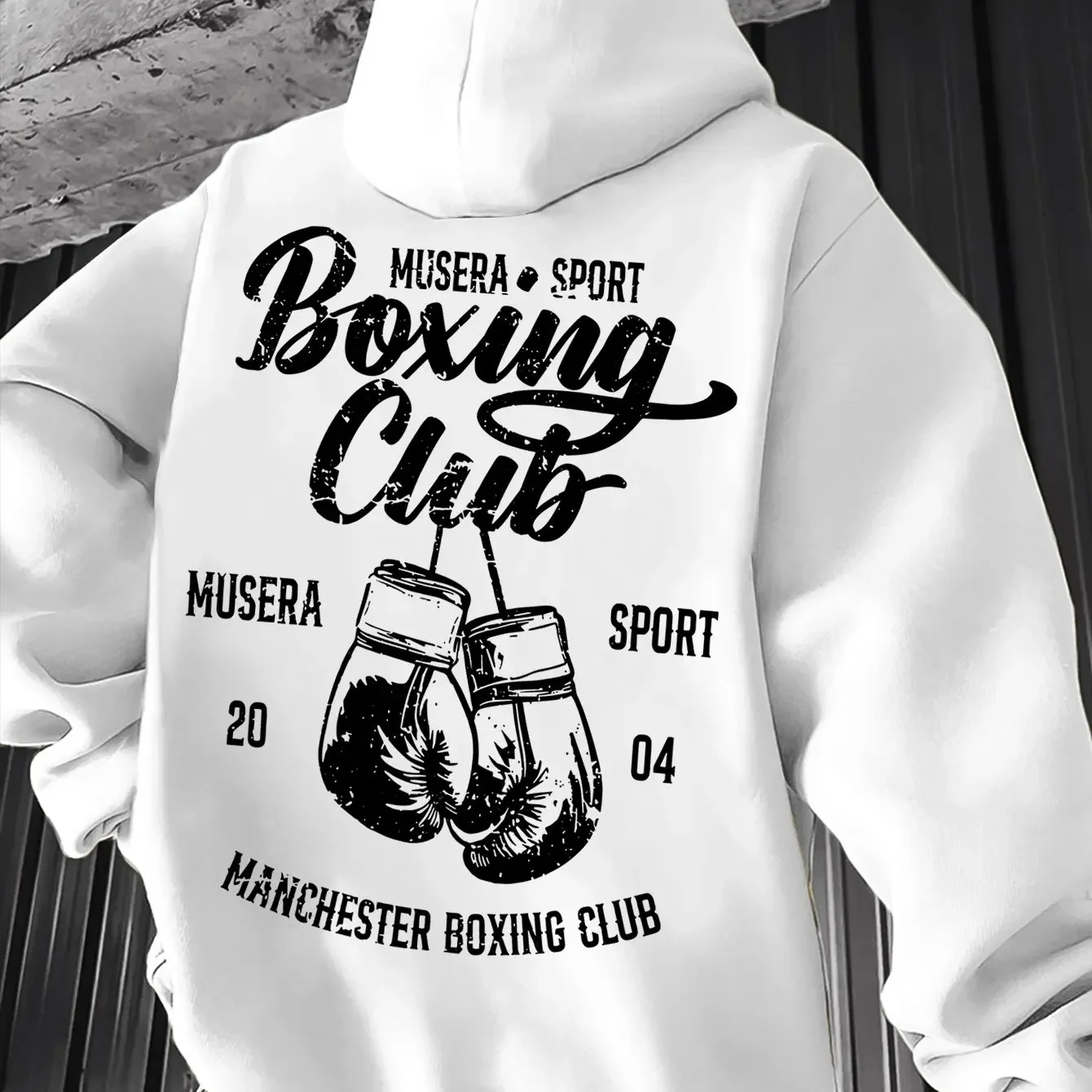 Men Vintage Boxing Club Hoodie Distressed Gloves Print Soft Fleece Long Sleeve Loose Gym Street Hooded Sweatshirt