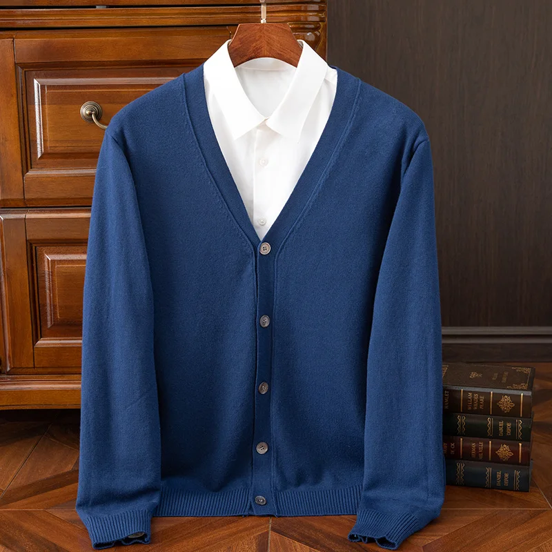 Fall/Winter 2024 100% Merino wool cashmere coat men's V-neck cardigan casual solid color padded knit coat warm coat