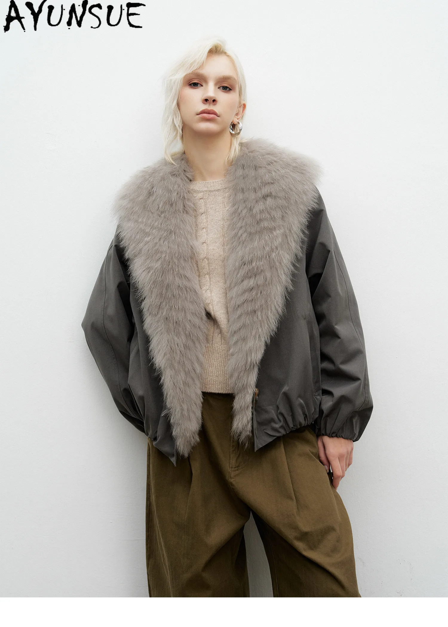 AYUNSUE White Goose Down Women Warm Winter Clothing Real Fox Fur Collar Down Jacket Loose Fit Fashion Short 2026 Пальто Женское