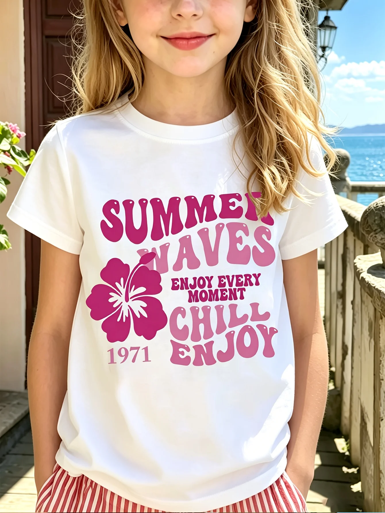 Summer Waves Hibiscus Kids Tee Retro Floral Letter Graphic Print Boys Girls Family Matching Cotton Short Sleeve Children Tshirt
