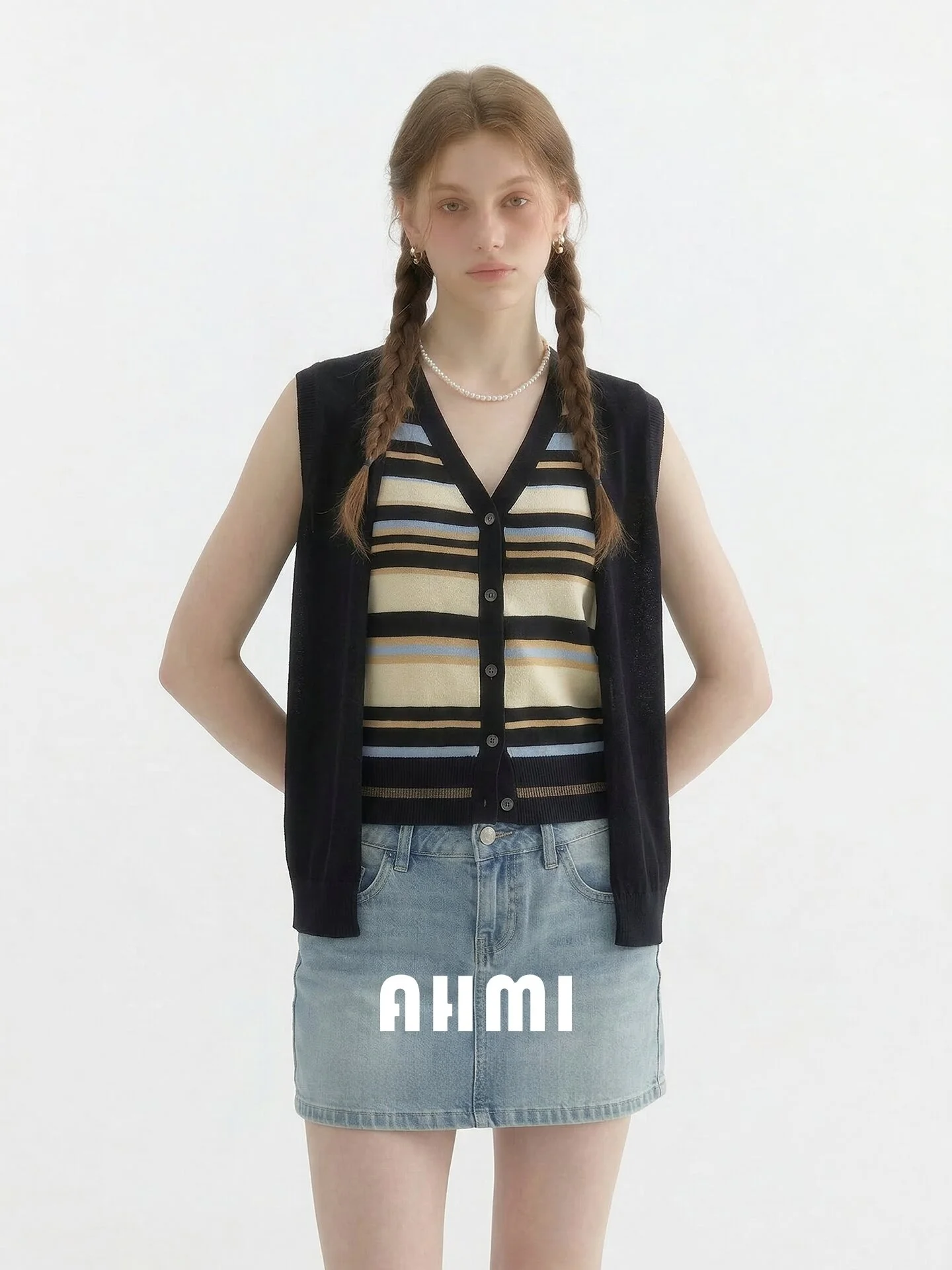 

Новый летний женский вязаный жилет AHMI: открытый кардиган без рукавов с полосатым узором, праздничный жилет в стиле колор-блок с V-образным вырезом и коротким рукавом