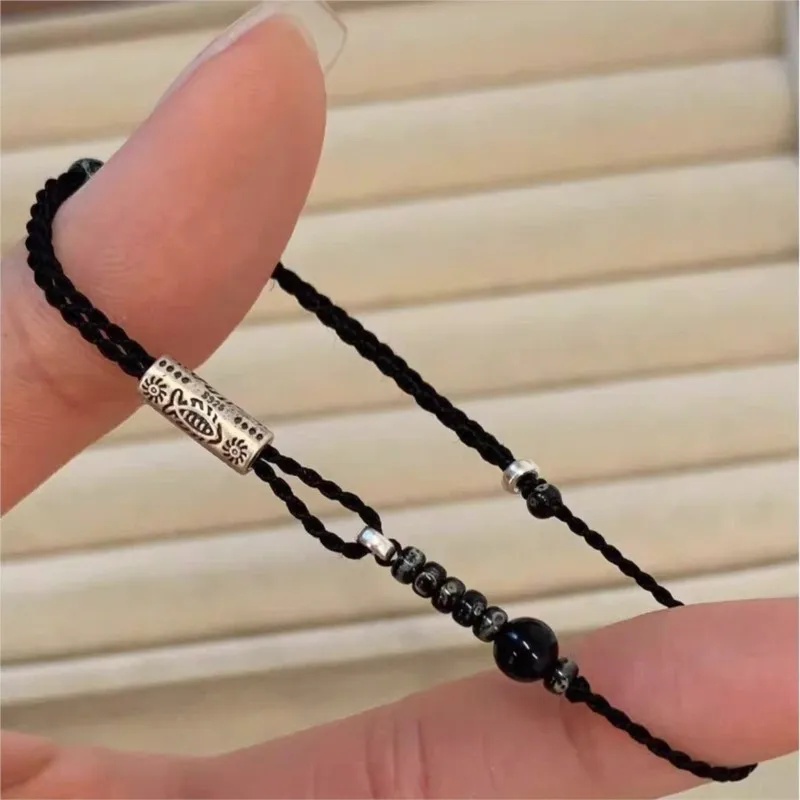 VENTFILLE 925 Sterling Silver Snowflake Obsidian Black String Bracelet for Women Fish Beads Asymmetric Jewelry Gift Dropshipping