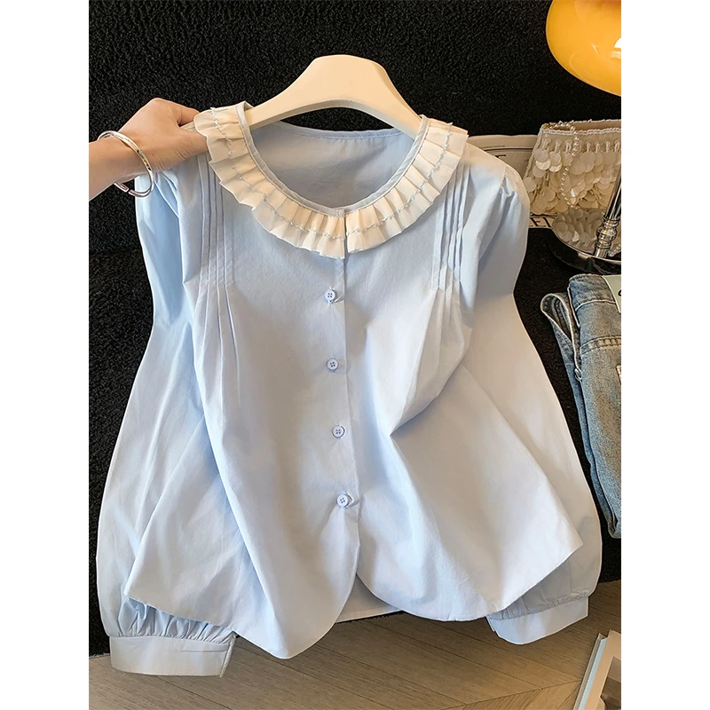 

Sweet Ruffles Shirts Women Fashion Pleated Patchwork Blouses Summer Ladies Streetwear Korean Long Sleeve Loose Casual Tops New