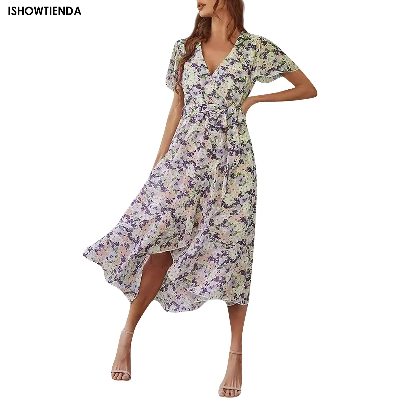 

Women's Swing Long Dress Floral Short Sleeve Ruffle V Neck Dresses Fashion Waist Flowy Dress Printed Ruffle Short Sleeve Dresses