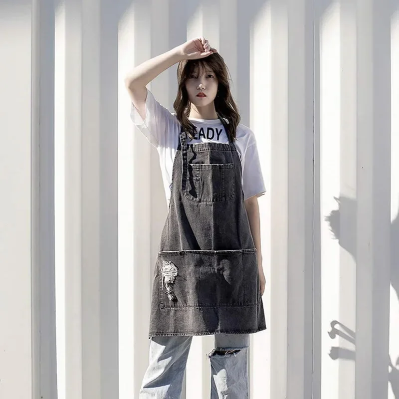 Oversized Full Cotton Washed Denim Apron Protective Work Apron for Household Kitchen Daily Use