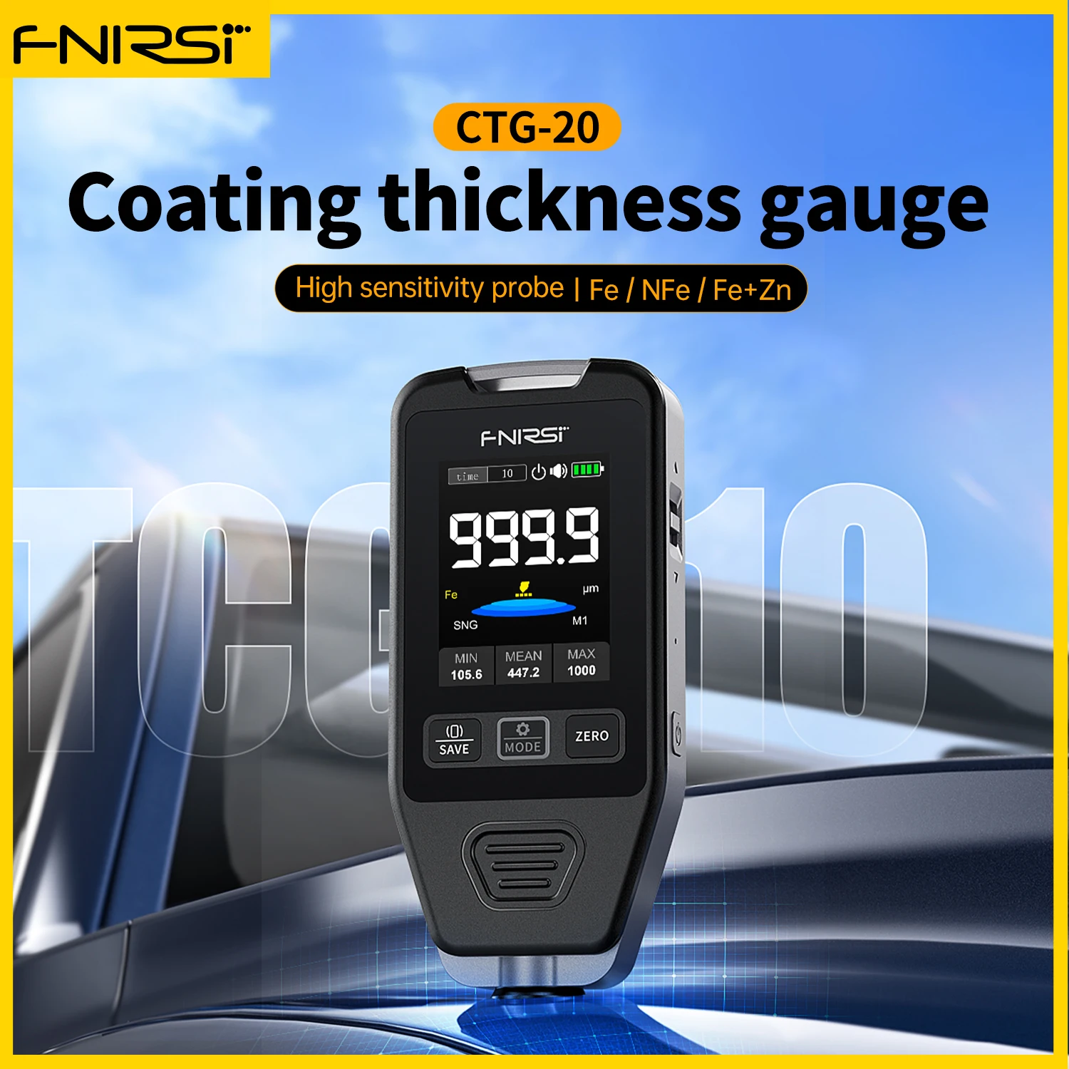 

FNIRSI CTG-20 Coating Thickness Gauge 0-1400um Car Paint Film Thickness Tester Fe nFe Fe+Zn Electroplate Metal Putty Powder
