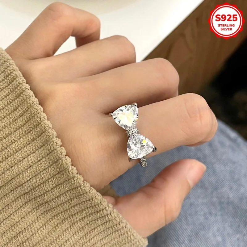 

925 Silver Large Bow Ring Korean Style 3D Design Seiko Inlay Full Texture Unique Niche Jewelry Accessory Imves Fine Jewelry