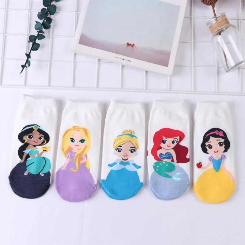 

5 Pairs Disney Princess Cotton Socks Snow White Cute Cartoon Anime Figures Knitted Breathable Sock Women Adult Kids Cosplay Gift