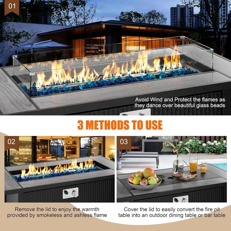 Walsunny 45 inch Outdoor Propane Fire Pit 50,000 BTU Gas Fire Pit Table with Lid, Glass Wind Guard, Waterproof Cover