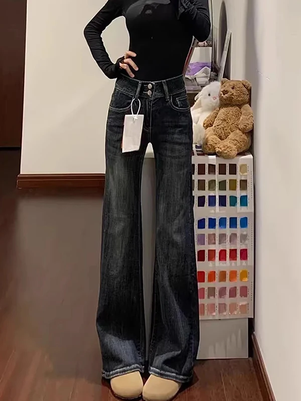 

Американские ретро-джинсы с высокой талией, эластичные, утягивающие, с легким расклешением, женские, зимние, новые, удобные, повседневные, прямого кроя...