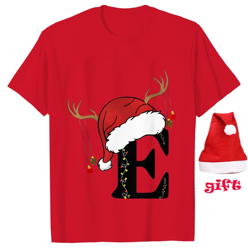 26 A~Z Christmas Alphabet T-shirts for Women Funny Xmas Party T Shirt Red New Fashion T-shirt Casual Tees with Santa Hat Gift