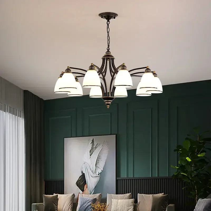 

Классическая люстра в стиле ретро для гостиной De E27, розетка, фурнитура, люстры, светильник, винтажный черно-золотой стеклянный абажур вверх/вниз