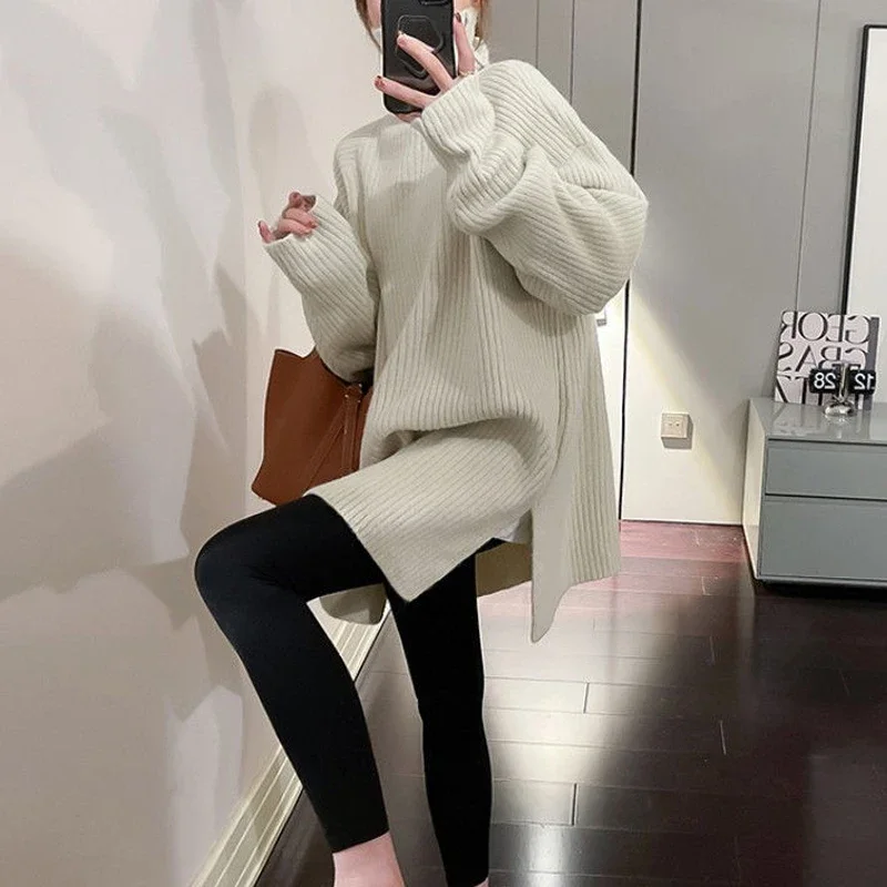 Women Simple Casual Oversized Turtleneck Knitted Sweater 2024 Autumn Winter Trendy Split Long Sleeve Pullover Tunic Tops Jumpers