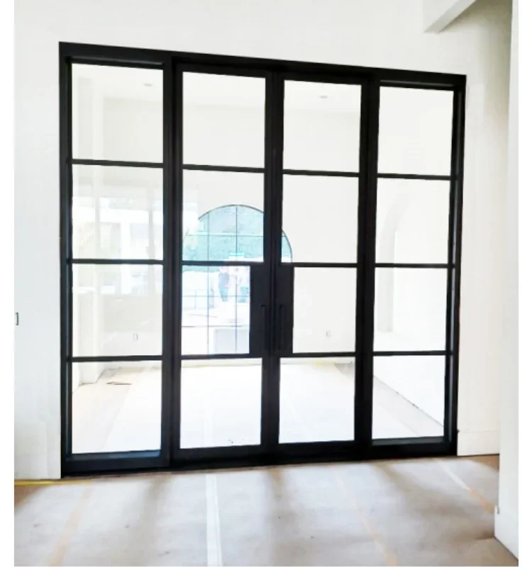 xx-Customization Modern Style Wrought Iron Frame Tempered Glass Transparent Double Swing Villa Front Door