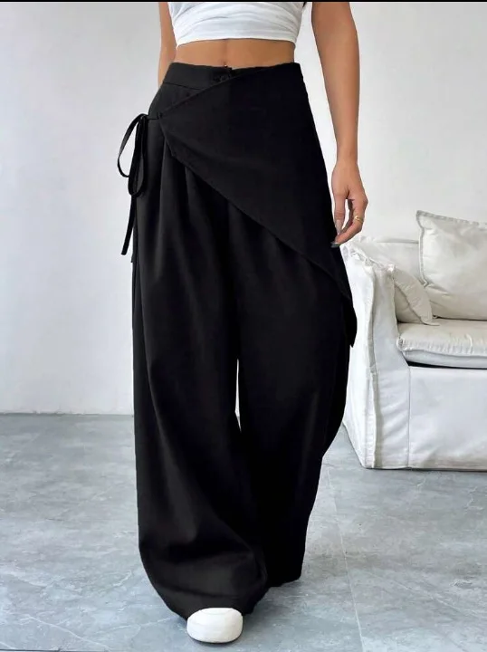 Women Irregular Wrap Tie Skort Wide Leg Pants High Waist Loose Draped Casual Trousers Streetwear Female Elegant Long Pants