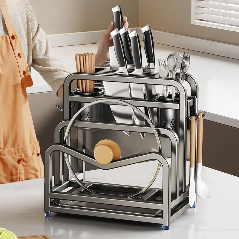 

304 stainless steel gun ash kitchen knife holder storage, kitchen knife and chopstick cage integrated cutting board storage rack