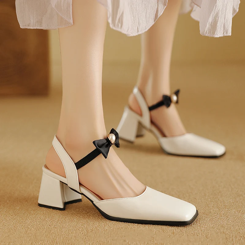 Nude Elegant Sweet Pearl Bow Ankle Wrap Ladies Party Sandals Women Square Toe Block Heels Women Dress Slingback Shoes Large Size