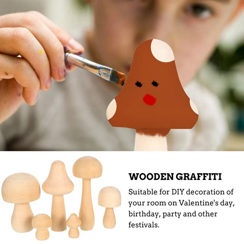 6Pcs Natural Mushroom-Shaped Wooden Toys Unfinished Mushroom DIY Crafts Painting Peg Dolls Ornament Kids Toy Decoration