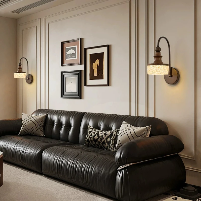 Retro Rotundity Resin Wall Lamps French High-end Wooden Body Light Living Room Bedroom Restaurant Nightstand LED Wall  Sconces