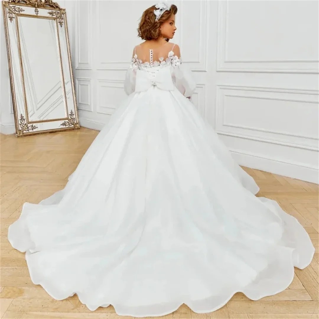 Vestidos de comunión personalizados con lazo de manga larga para boda, cumpleaños, noche, banquete, vestidos de flores santa para niña, flores blancas