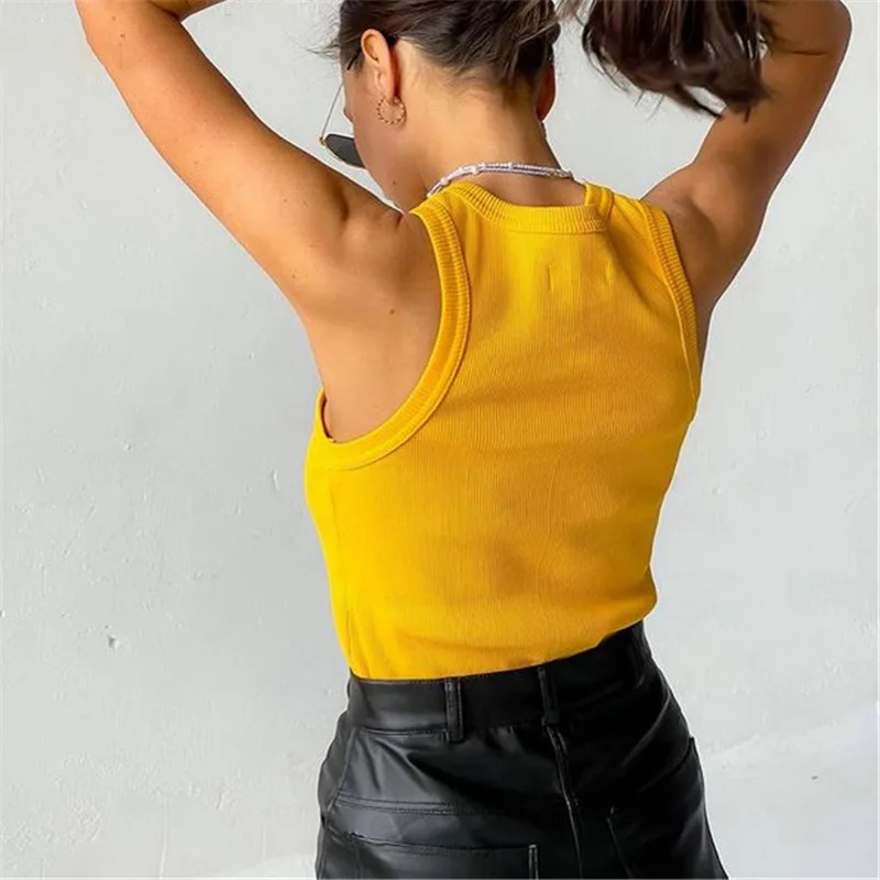 Ribbed Knitted Tops Neck Summer Basic Shirts White Black Casual Sport Vest Off Shoulder Green Women\'s Tank Top