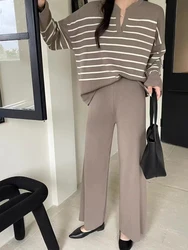 Women Sweater Pant Set Winter Knitted Casual Pullovers Suits Long Sleeve AutumnLoose Tops Elastic Striped Elegance Sweaterpants