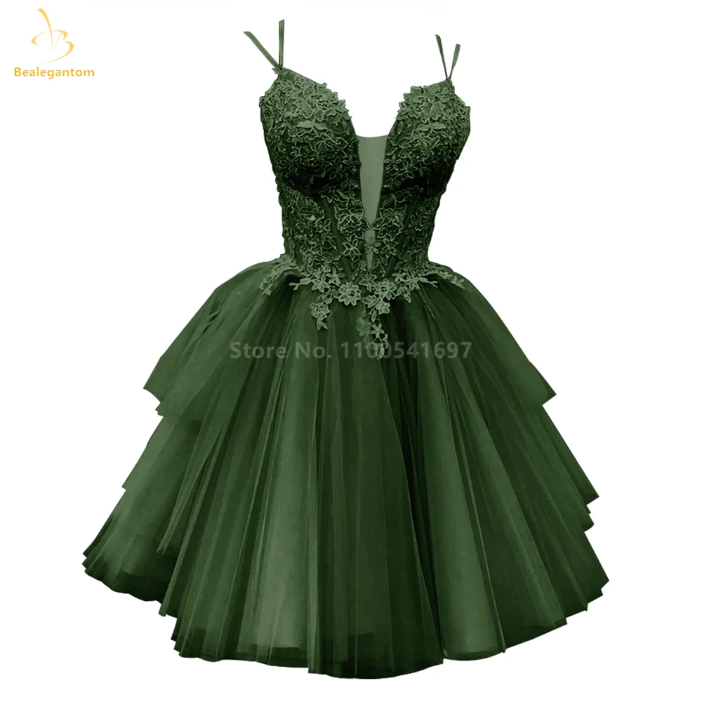 Bealegantom New Lovely Lace Illusion V Neck Short Prom Dresses 2023 Tulle Appliques Homecoming Graduation Formal Party Gown