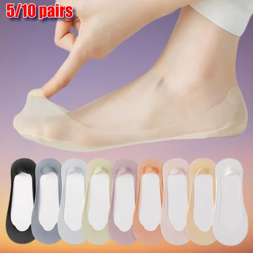 

2024 New 5/10 Pairs Socks Women's Ankle Short No-Show Set Foot Cotton Female Invisible White Low Cut Summer Non-Slip Boat Sock