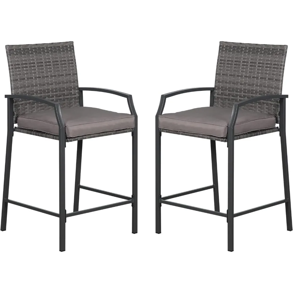 

One set of two outdoor wicker bar stools, high chairs for courtyard wicker counter with cushions, armrests, and footrests