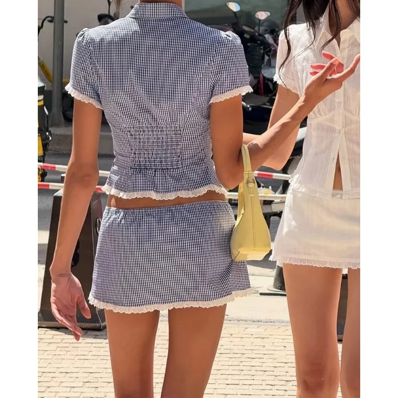 Women Summer Casual Set Short Sleeve Plaid T Shirt Short Skirt Lace Patchwork Y2k 2 Piece Set