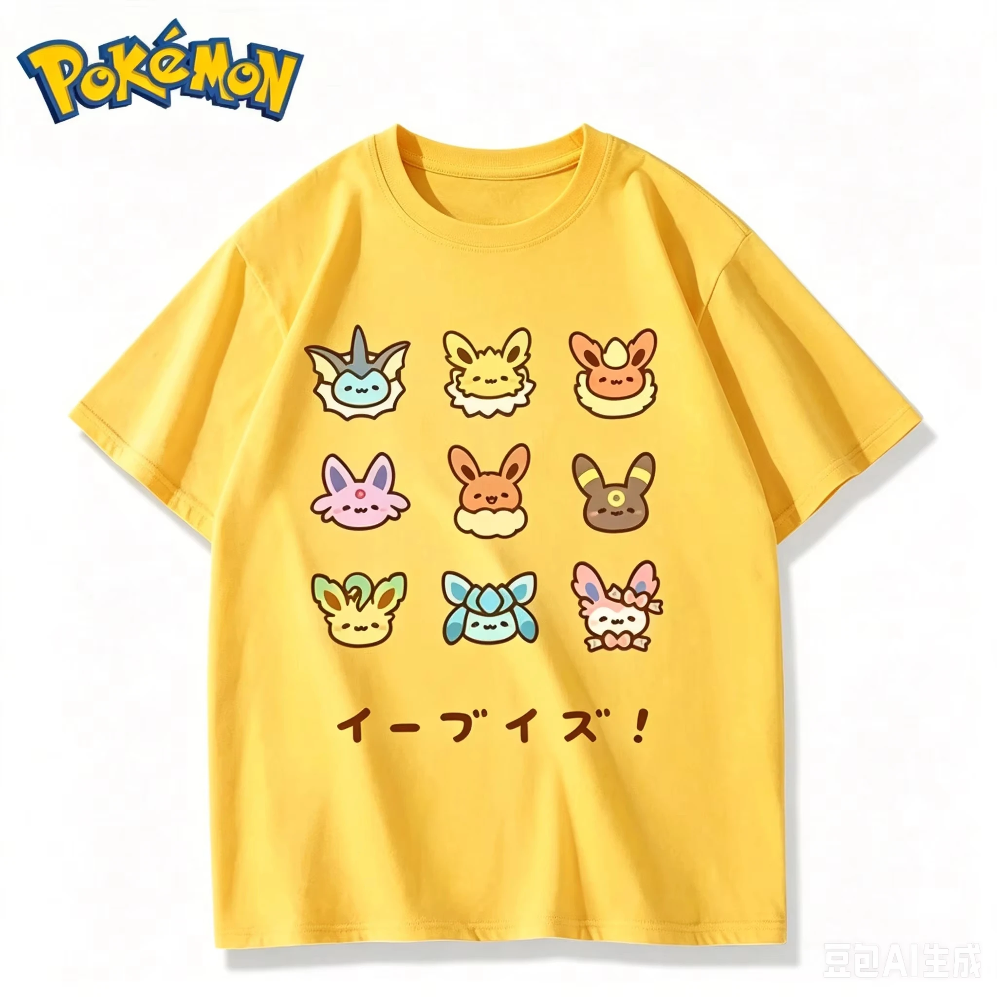 2026 Bandai 2D Eevee Collection Printed Loose Short Sleeve T-shirt, Multi Color Top for Couple and Friends Theme Gathering